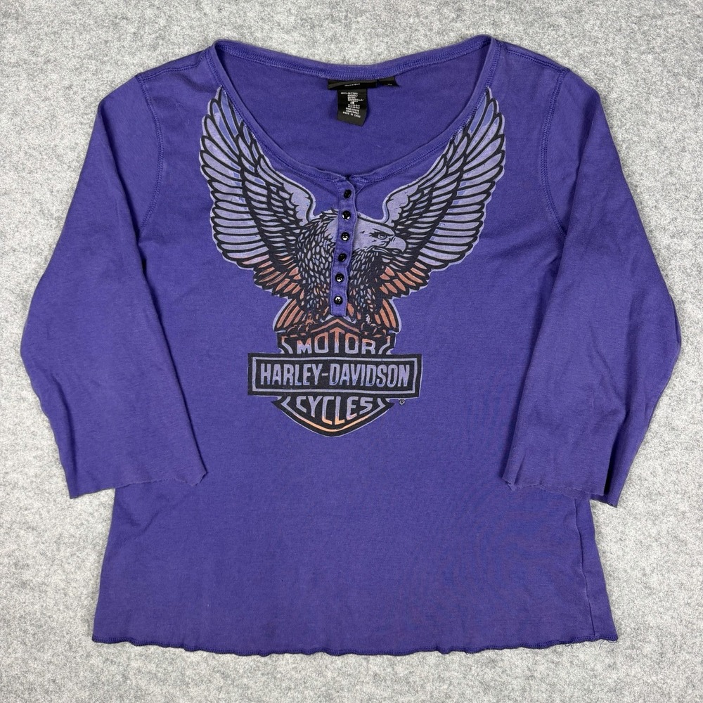 Harley Davidson Shirt Womens XL Purple Eagle Graphic Henley 3/4 Sleeve Top